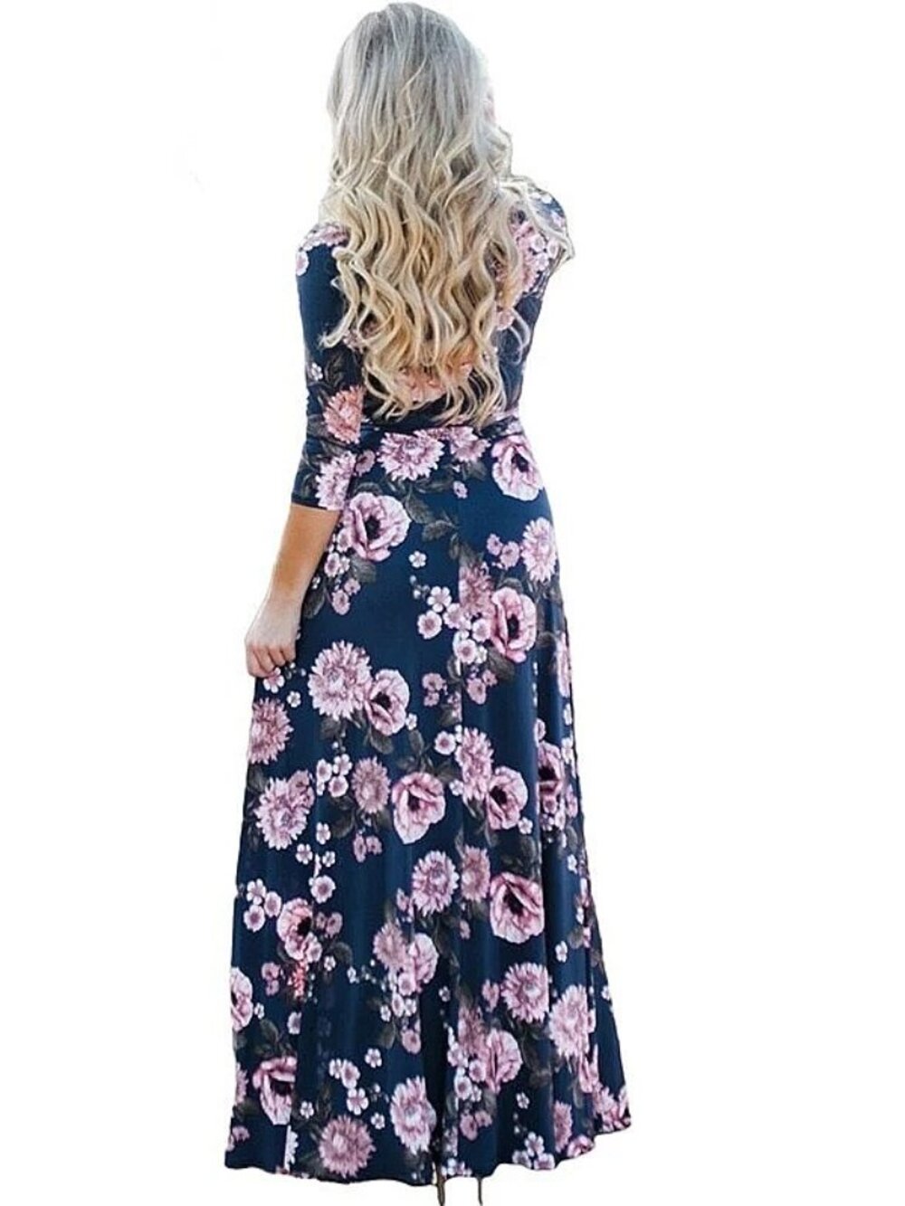 Women's Floral Wrap V Neck Maxi Dress Tie Waist Blue 3/4 Sleeves Size M - Picture 2 of 9